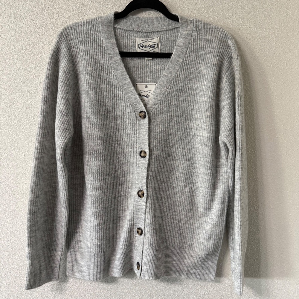 Threadgrit Womens Heather Gray Ribbed Knit V-Neck Button Front Cardigan Size Med